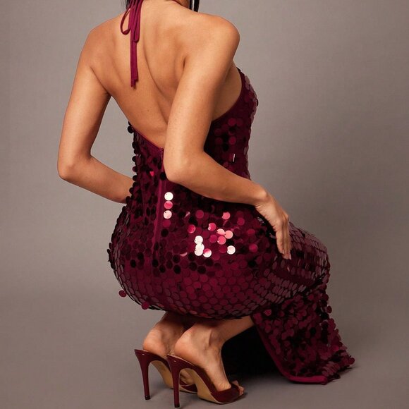 Red Casual Women's Sexy Backless Sequined Spaghetti Strap Cocktail Dress - Picture 3 of 7